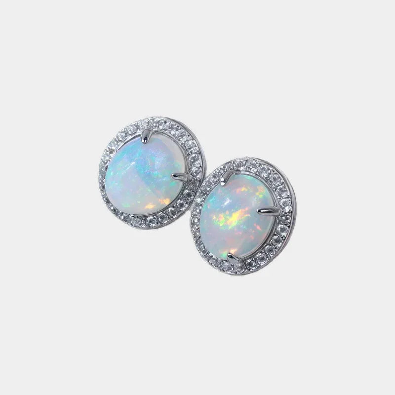 Opal Round Halo Stud Earrings front product view on a light background