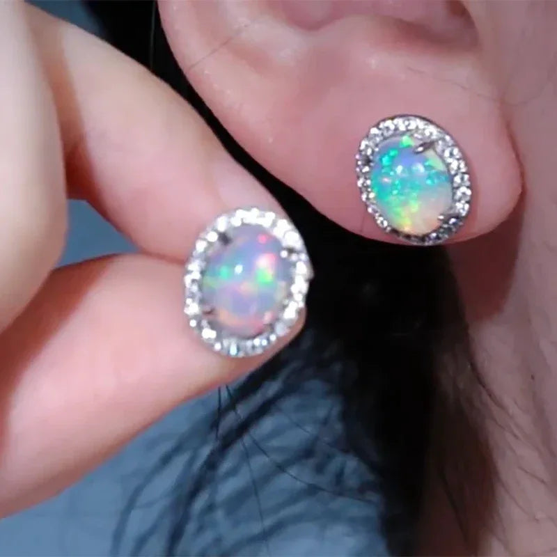 Opal Round Halo Stud Earrings side profile view