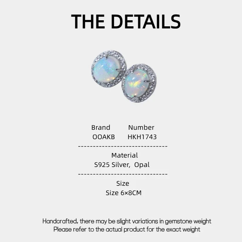 Opal Round Halo Stud Earrings specification card with material and size details