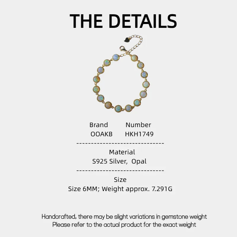 Opal Round Station Bracelet specification card with material and size details