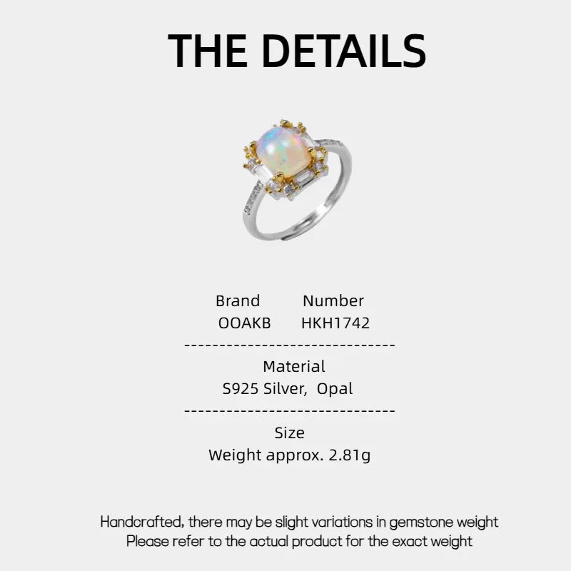 Opal Two-Tone Floral Halo Adjustable Ring specification card with material and size details
