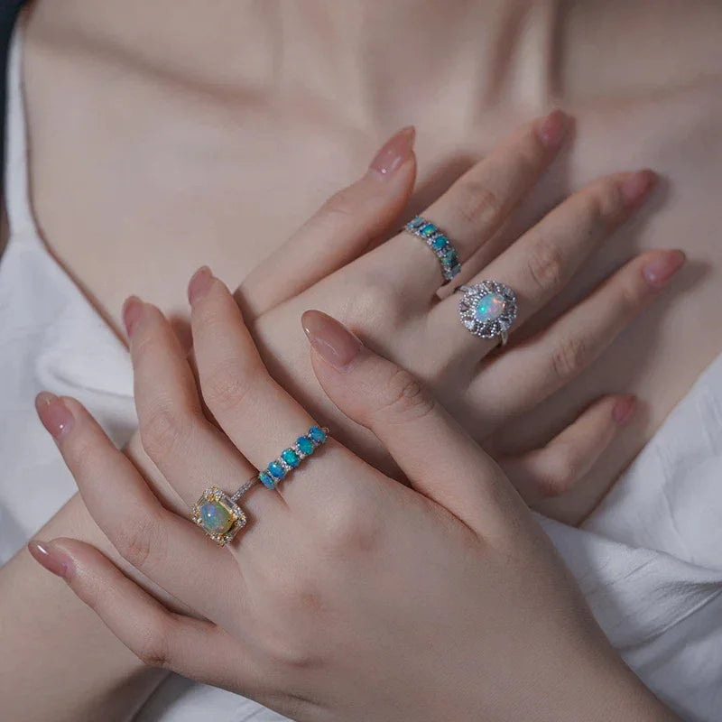 Opal Two-Tone Floral Halo Adjustable Ring worn on the hand from another angle