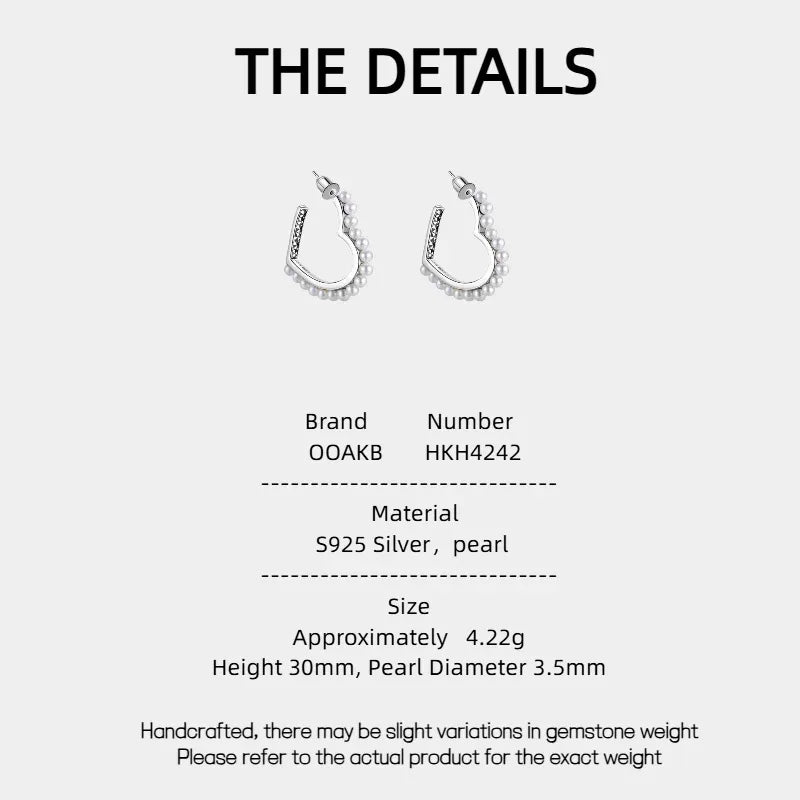 Pearl-Lined Open Heart Earrings — specification card with material and size details