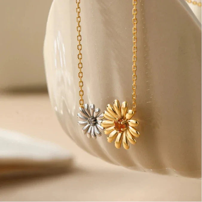 Orange Garnet Two-Tone Floral Necklace close-up of the pendant and chain
