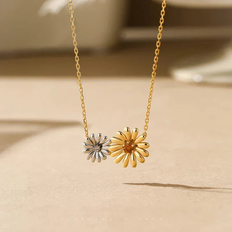Orange Garnet Two-Tone Floral Necklace side or angled pendant detail