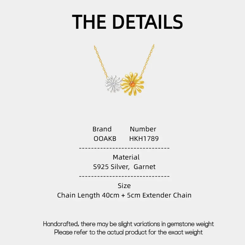 Orange Garnet Two-Tone Floral Necklace specification card with measurements and material details