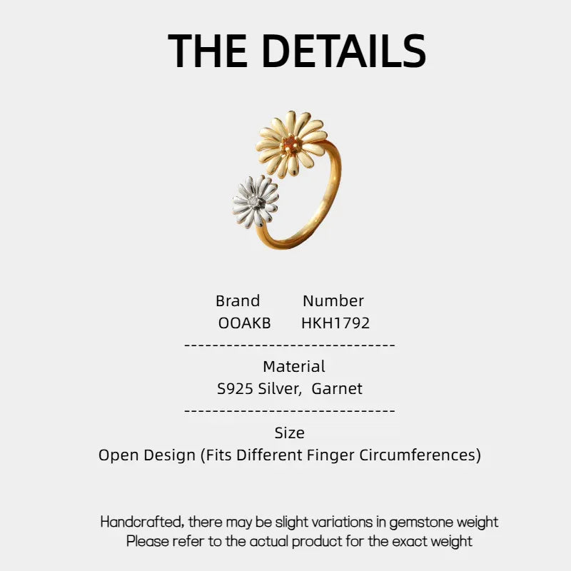 Orange Garnet Two-Tone Floral Open Ring specification card with measurements and material details