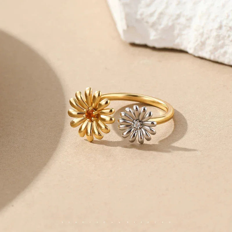 Orange Garnet Two-Tone Floral Open Ring worn on the hand from a second angle
