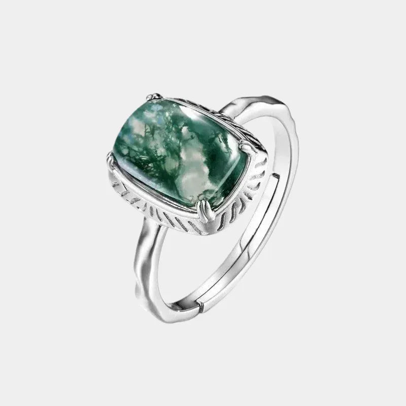 Original Design Moss Agate Open Ring — front product view on a light background