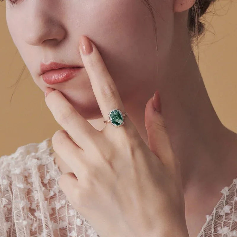 Original Design Moss Agate Open Ring — hand-worn scale view 2