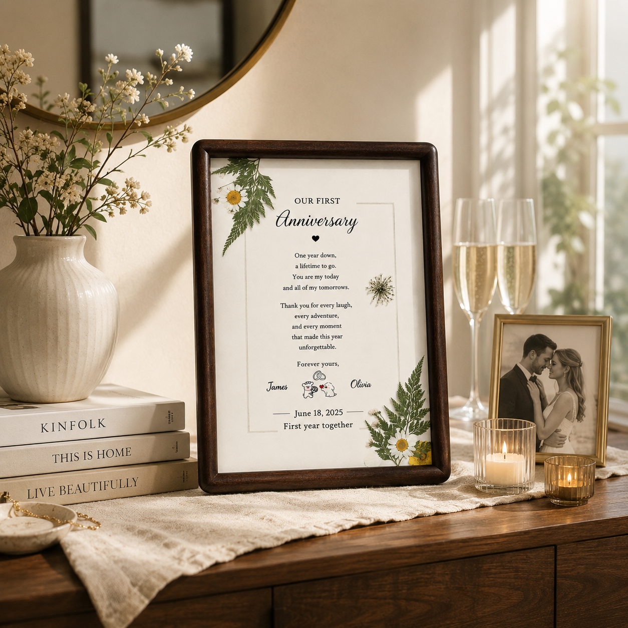 First Anniversary symbolism infographic showing traditional paper gift and modern clock gift with five symbolic meanings