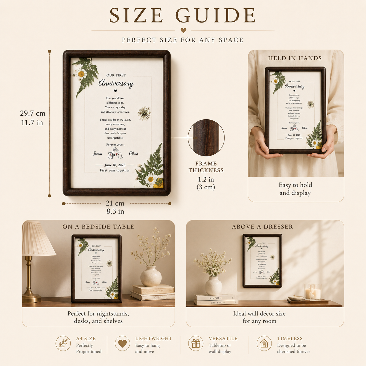 Size guide infographic for Our First Chapter botanical anniversary frame showing A4 dimensions 29.7 cm by 21 cm by 3 cm