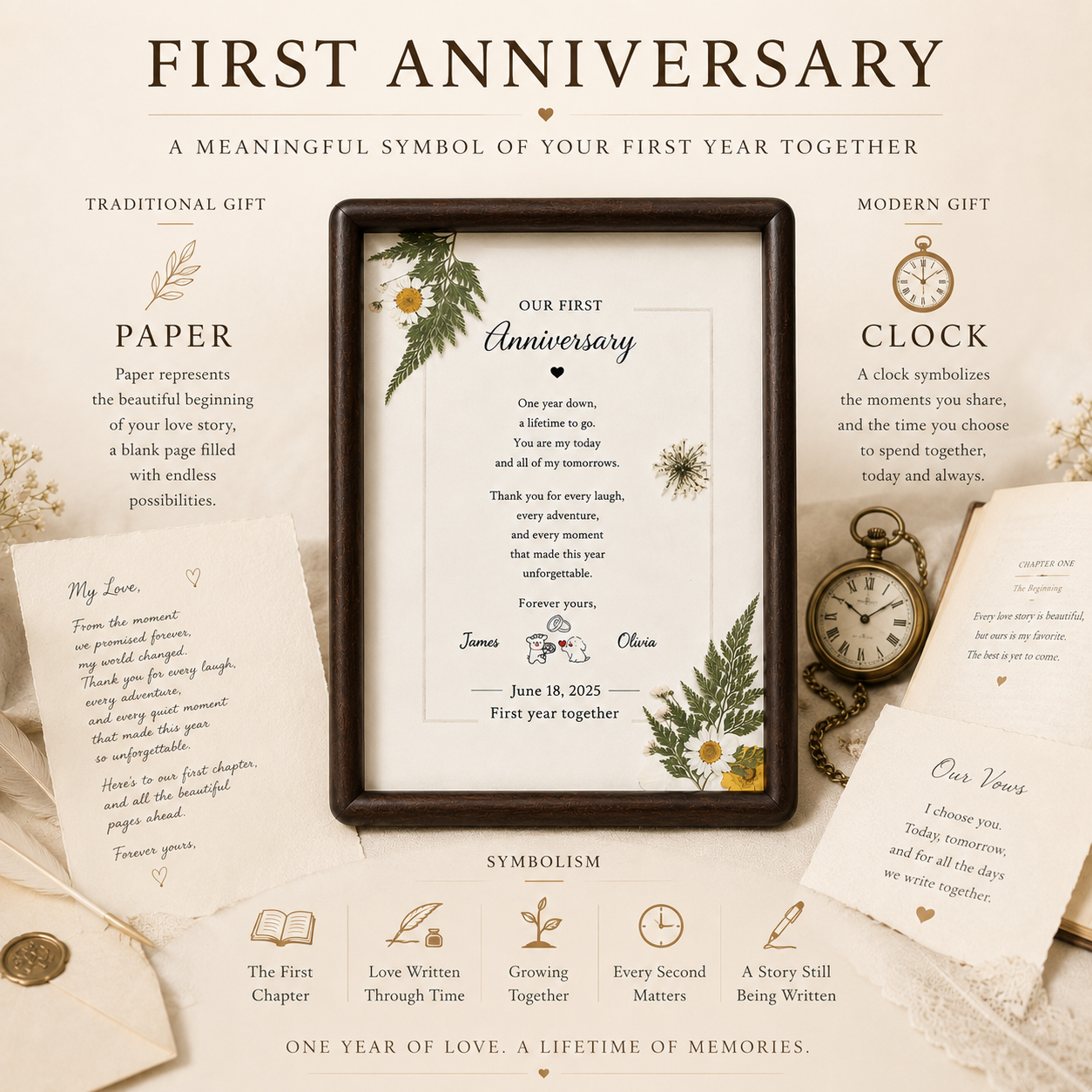 Our First Chapter personalized botanical anniversary frame product main image showing full A4 premium wood floating