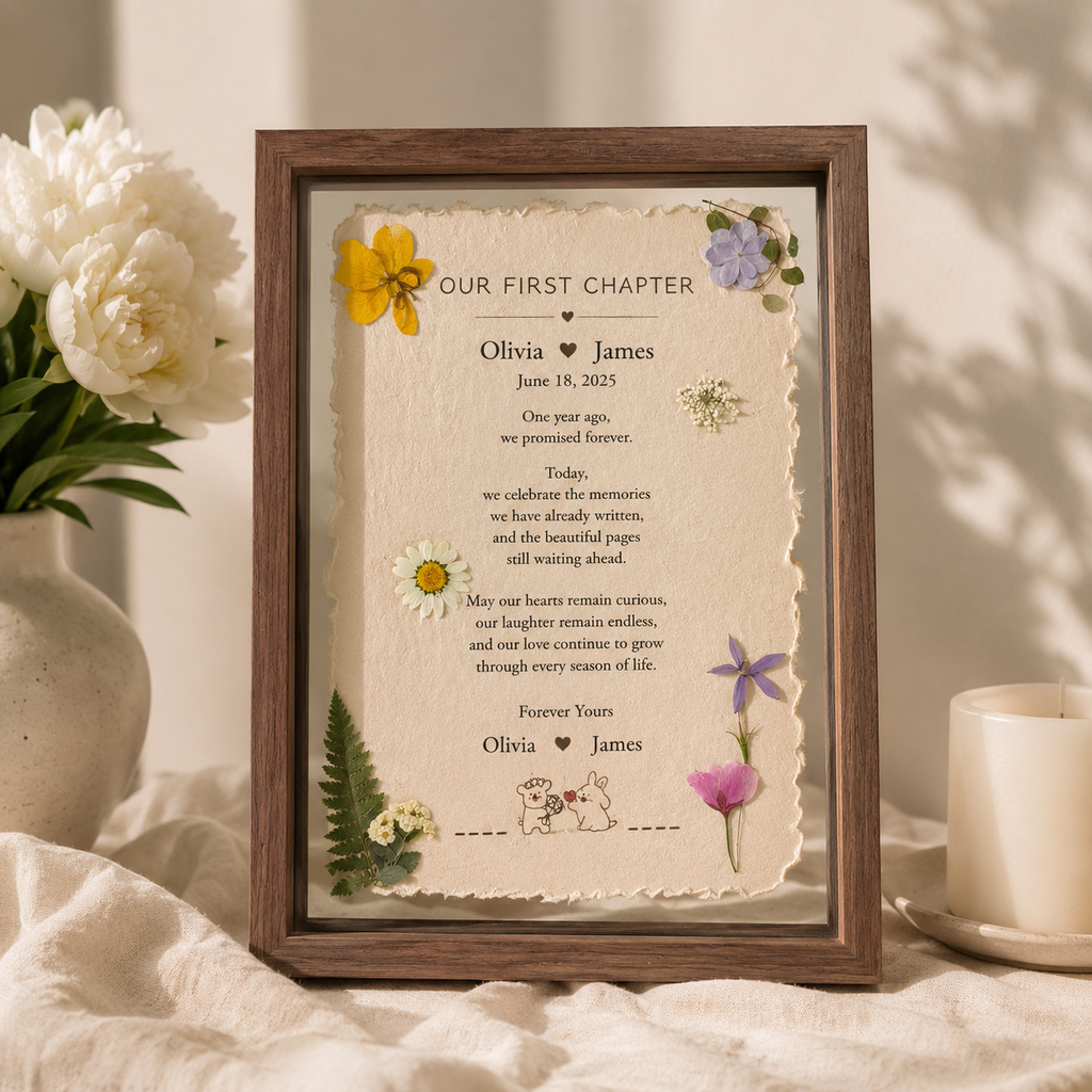 Our First Chapter personalized floating botanical frame displayed on a bright living room sideboard beside white ceramic
