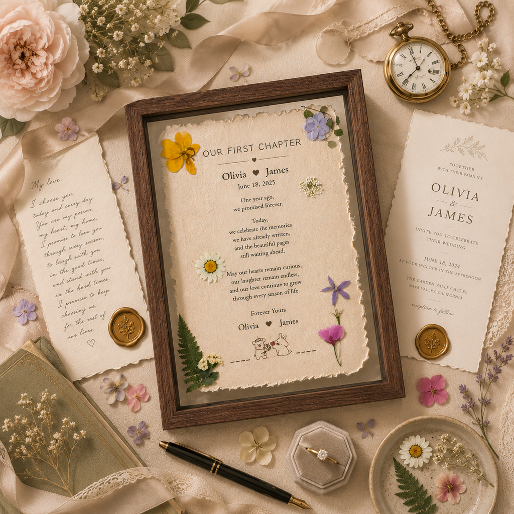 First Anniversary symbolism infographic showing traditional paper gift and modern clock gift with five symbolic meanings