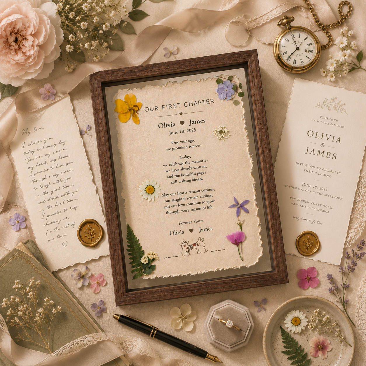First Anniversary symbolism infographic showing traditional paper gift and modern clock gift with five symbolic meanings