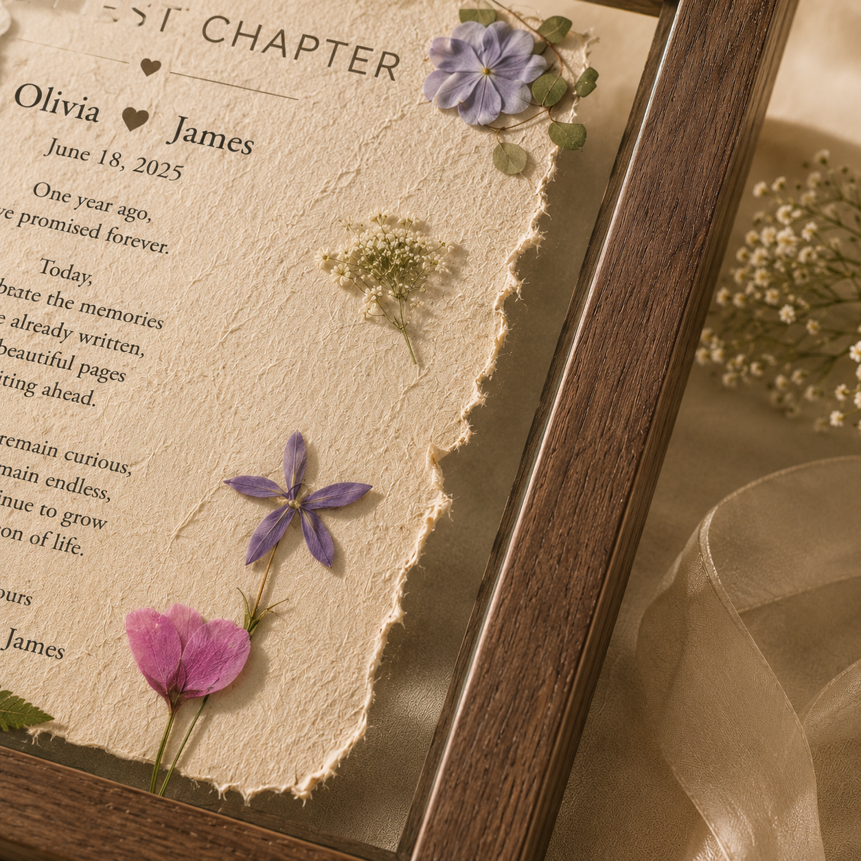 Our First Chapter personalized floating botanical frame product main image showing full A4 walnut floating frame with