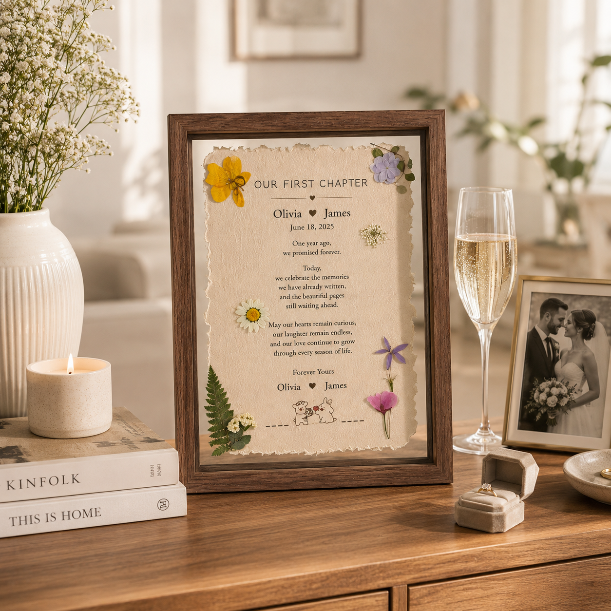 Close-up detail of Our First Chapter floating botanical frame showing natural deckled cotton paper edge with real