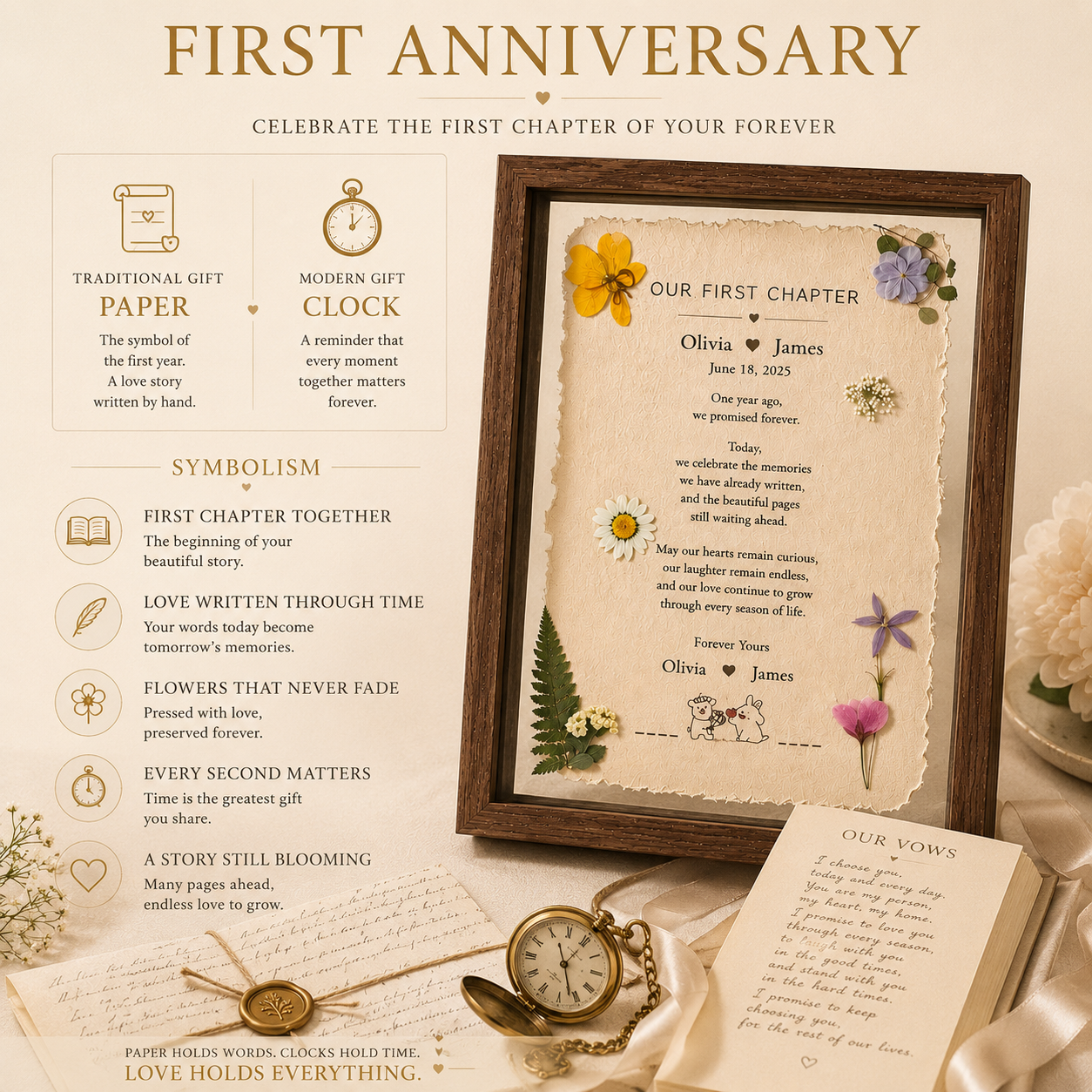 Our First Chapter personalized floating botanical frame displayed on a walnut sideboard beside champagne flute wedding