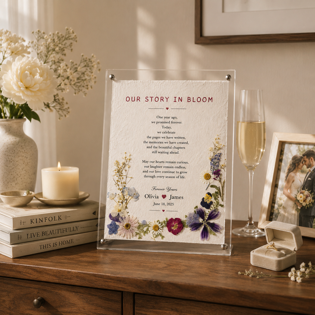 Our Story In Bloom personalized pressed flower acrylic plaque freestanding on a walnut console table beside white roses