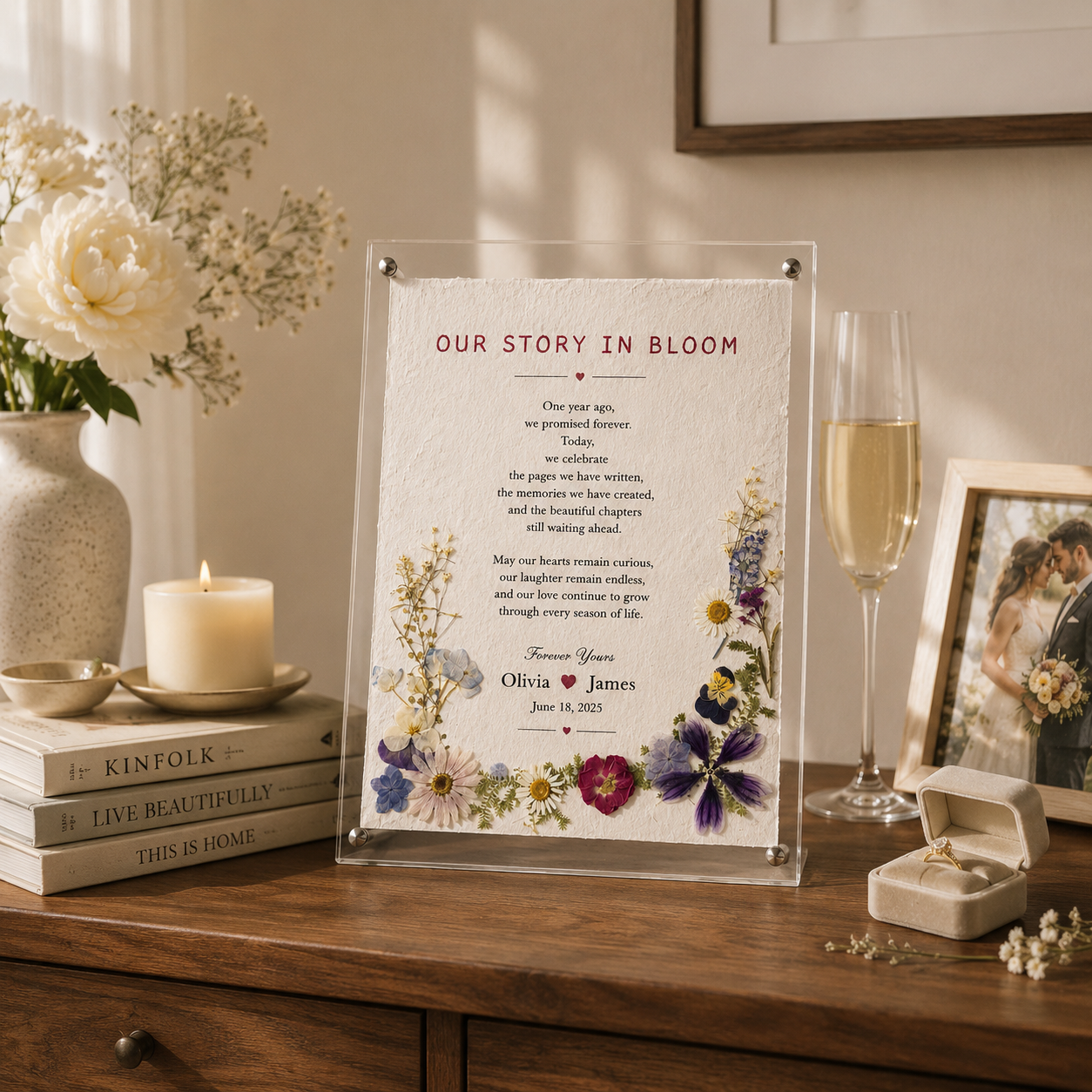 Our Story In Bloom personalized pressed flower acrylic plaque freestanding on a walnut console table beside white roses