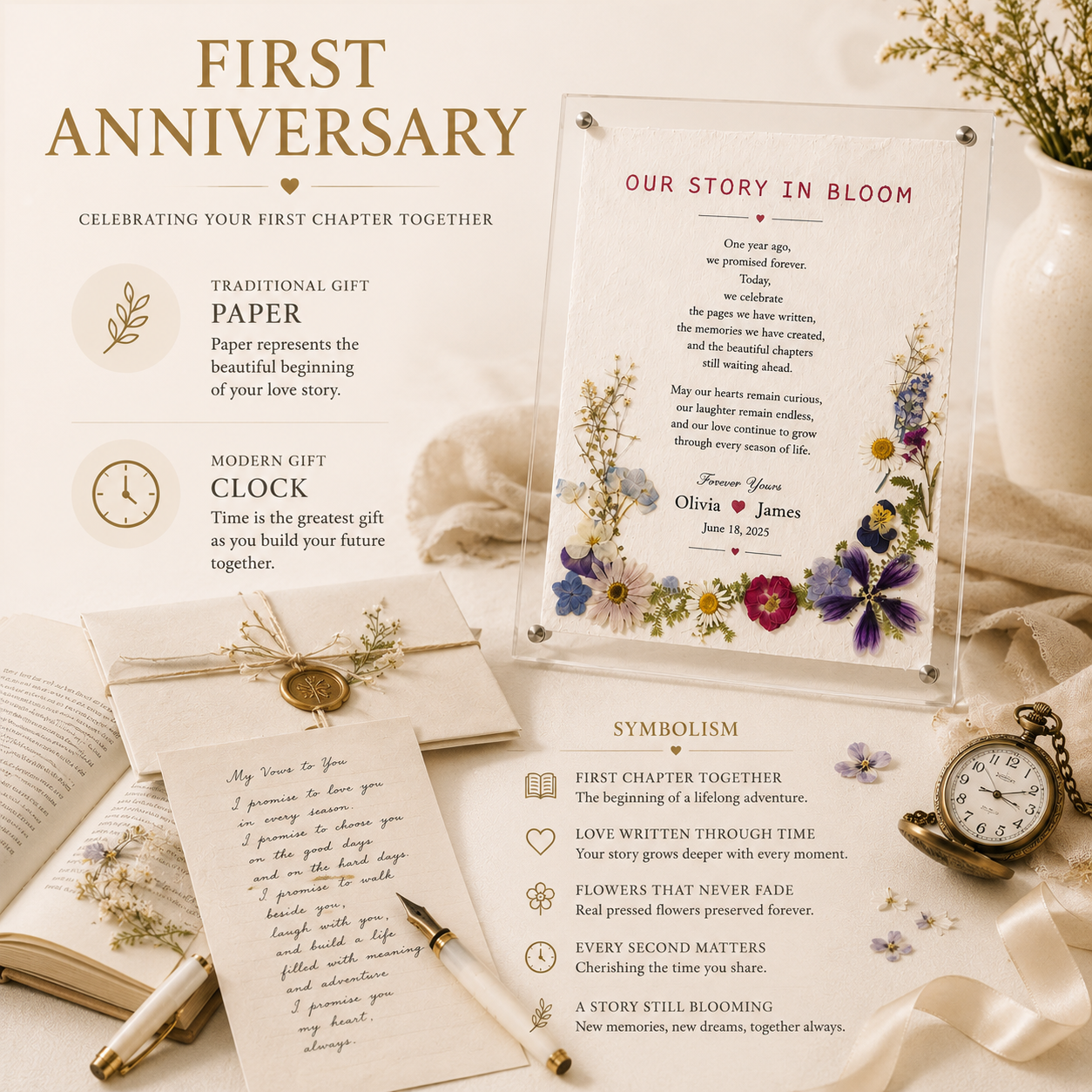 First anniversary symbolism infographic showing traditional paper gift and modern clock symbol alongside Our Story In