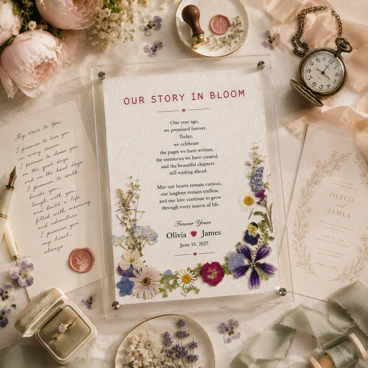 Our Story In Bloom personalized pressed flower acrylic plaque flat lay surrounded by handwritten vow letter fountain pen