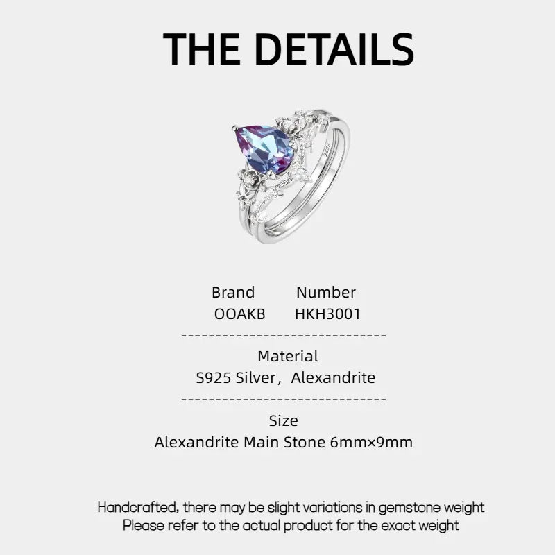 Oval Alexandrite cluster ring with a curved matching band, product specification card with text