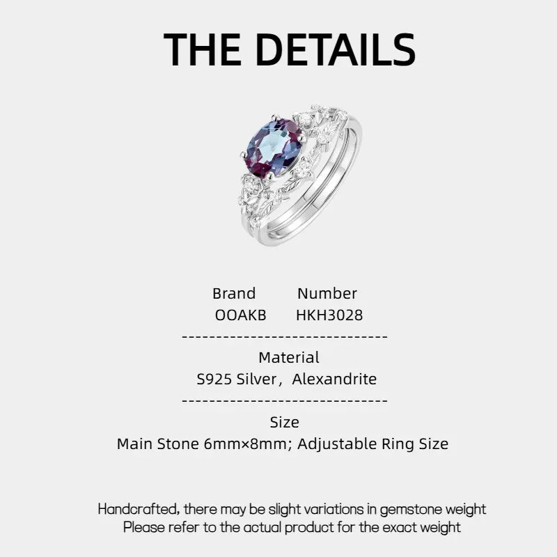 Oval Alexandrite floral three-band ring with clear accents, product specification card with text
