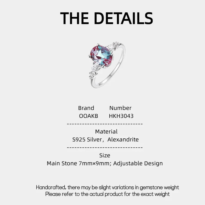Oval Alexandrite leaf bypass ring with clear accents, product specification card with text