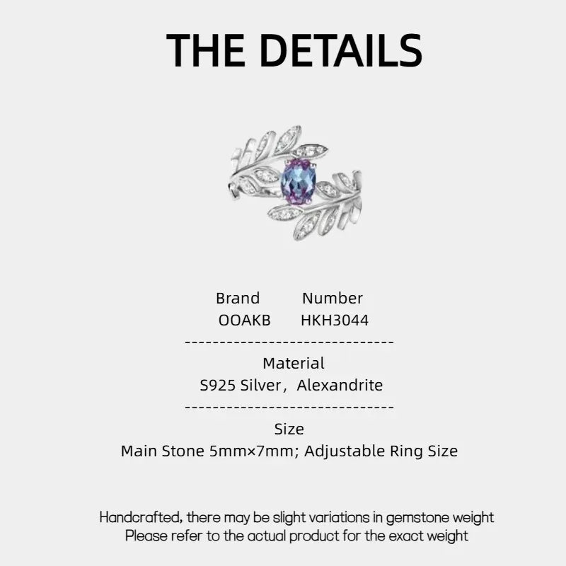 Oval Alexandrite leaf wrap ring with clear accents, product specification card with text