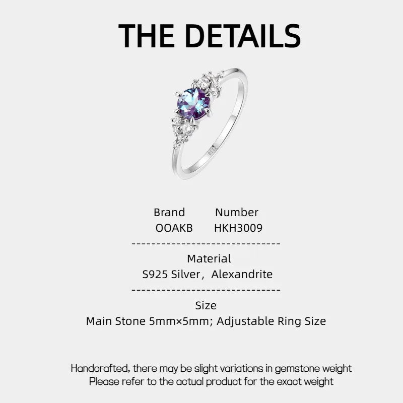 Oval Alexandrite ring with clear-stone side clusters, product specification card with text