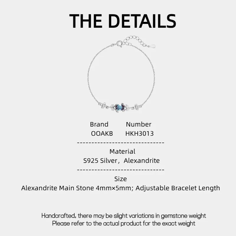 Oval Alexandrite station bracelet with clear accents, product specification card with text