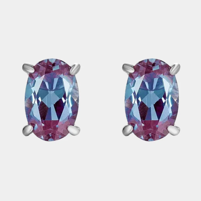 Oval Alexandrite stud earrings, front product view on a white background