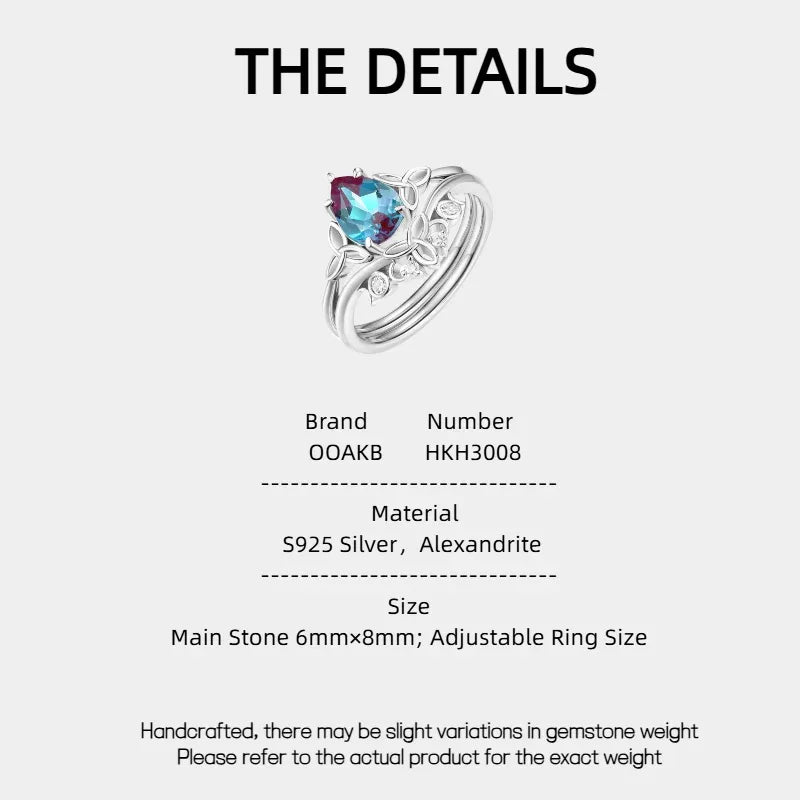 Oval Alexandrite three-band ring with leaf and clear-stone accents, product specification card with text