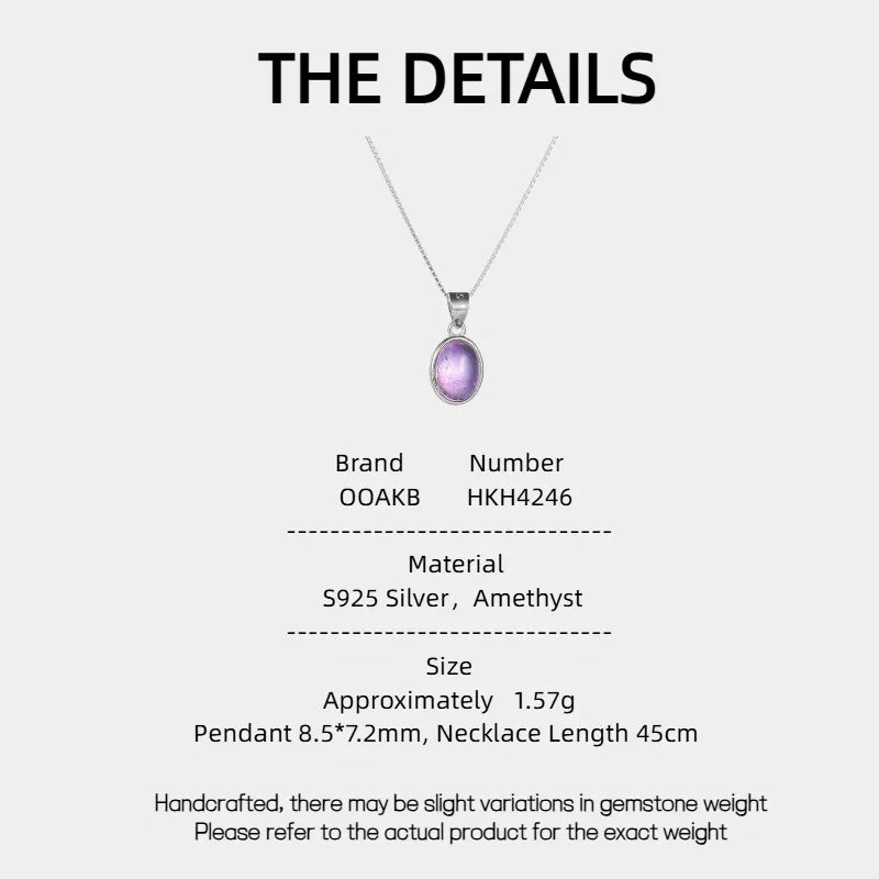 oval amethyst cabochon necklace specification card with product measurements