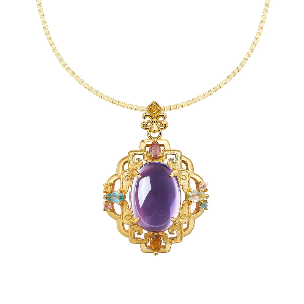 oval amethyst filigree pendant necklace front pendant view on a white background