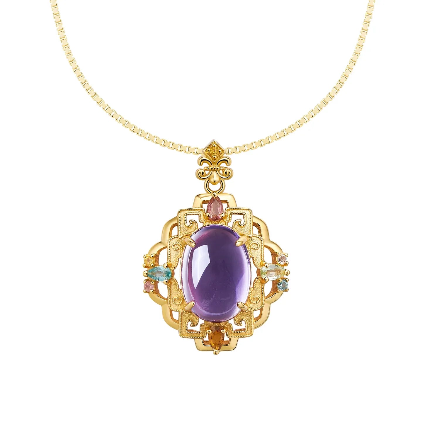 oval amethyst filigree pendant necklace front pendant view on a white background