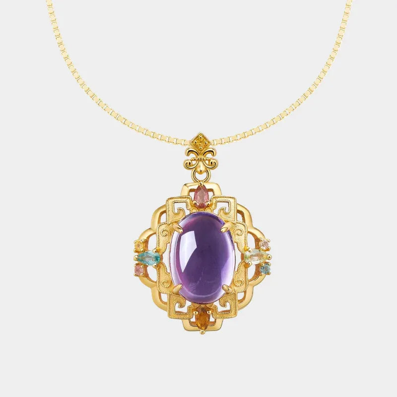 oval amethyst filigree pendant necklace front product view on a white background