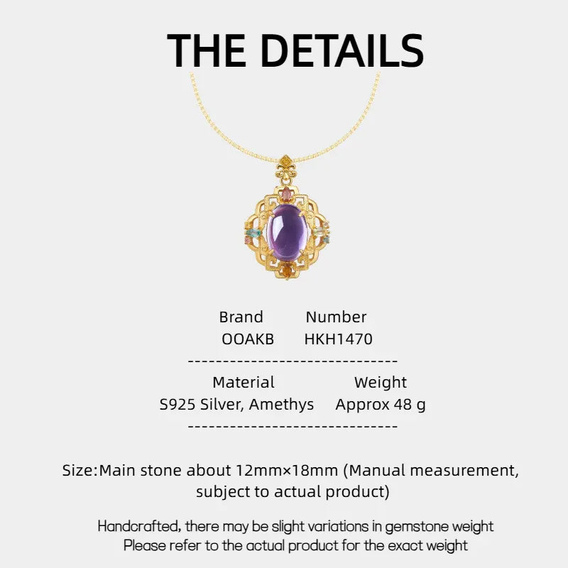 oval amethyst filigree pendant necklace specification card with product measurements