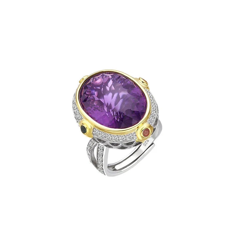 oval amethyst multigem ring angled product view on a white background