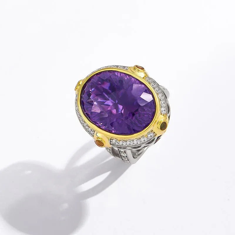 oval amethyst multigem ring worn detail beside the face