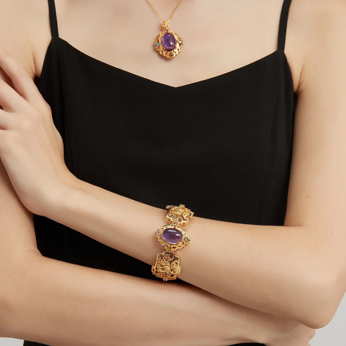 oval amethyst openwork bracelet styled wrist view showing bracelet scale