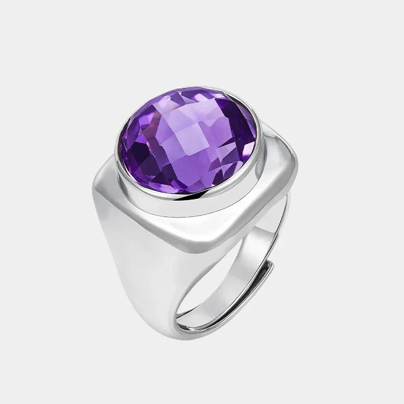 oval amethyst sculptural ring front product view on a white background