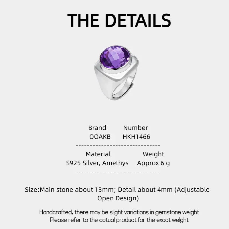 oval amethyst sculptural ring specification card with product measurements