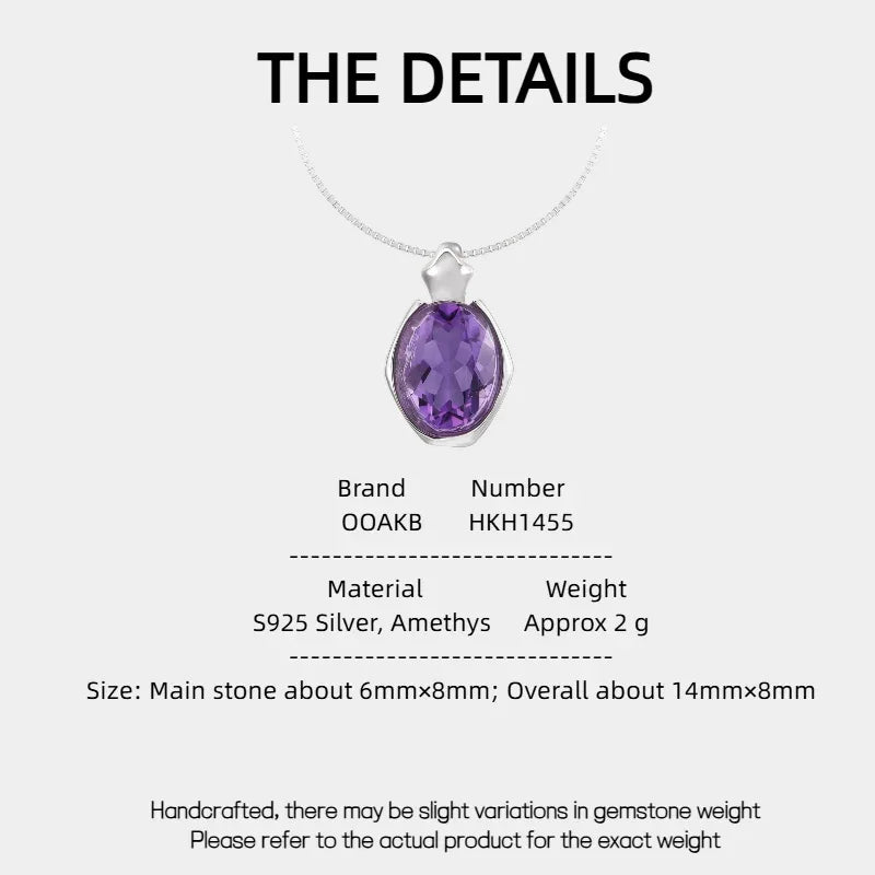 oval amethyst pendant necklace specification card with product measurements