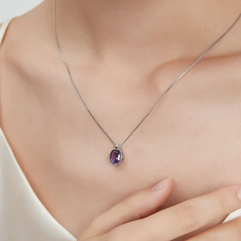 oval amethyst pendant necklace styled model view showing pendant scale