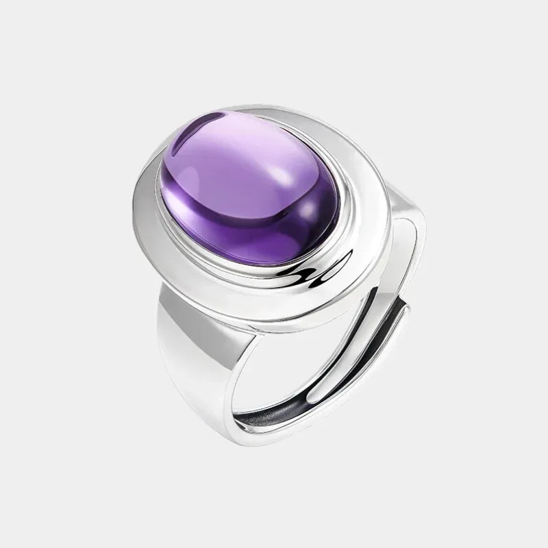 oval amethyst wide-band ring front product view on a white background