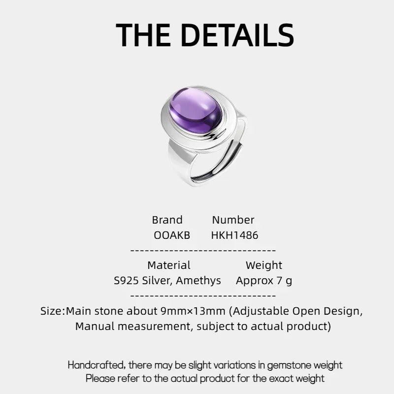 oval amethyst wide-band ring specification card with product measurements