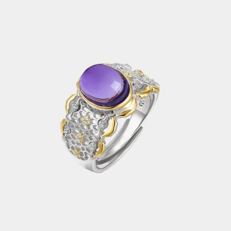 oval amethyst filigree ring front product view on a white background
